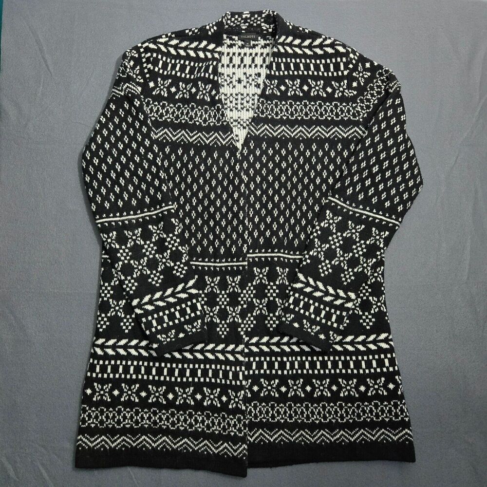 Talbots Cardigan Sweater Women M Black White Fair Isle Knit Heavy Weight Winter